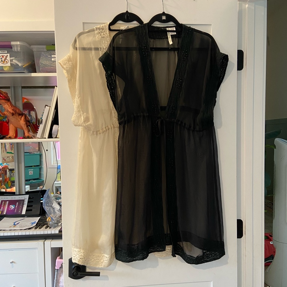 Black and Off White Sheer Cover Up with Bead Detail